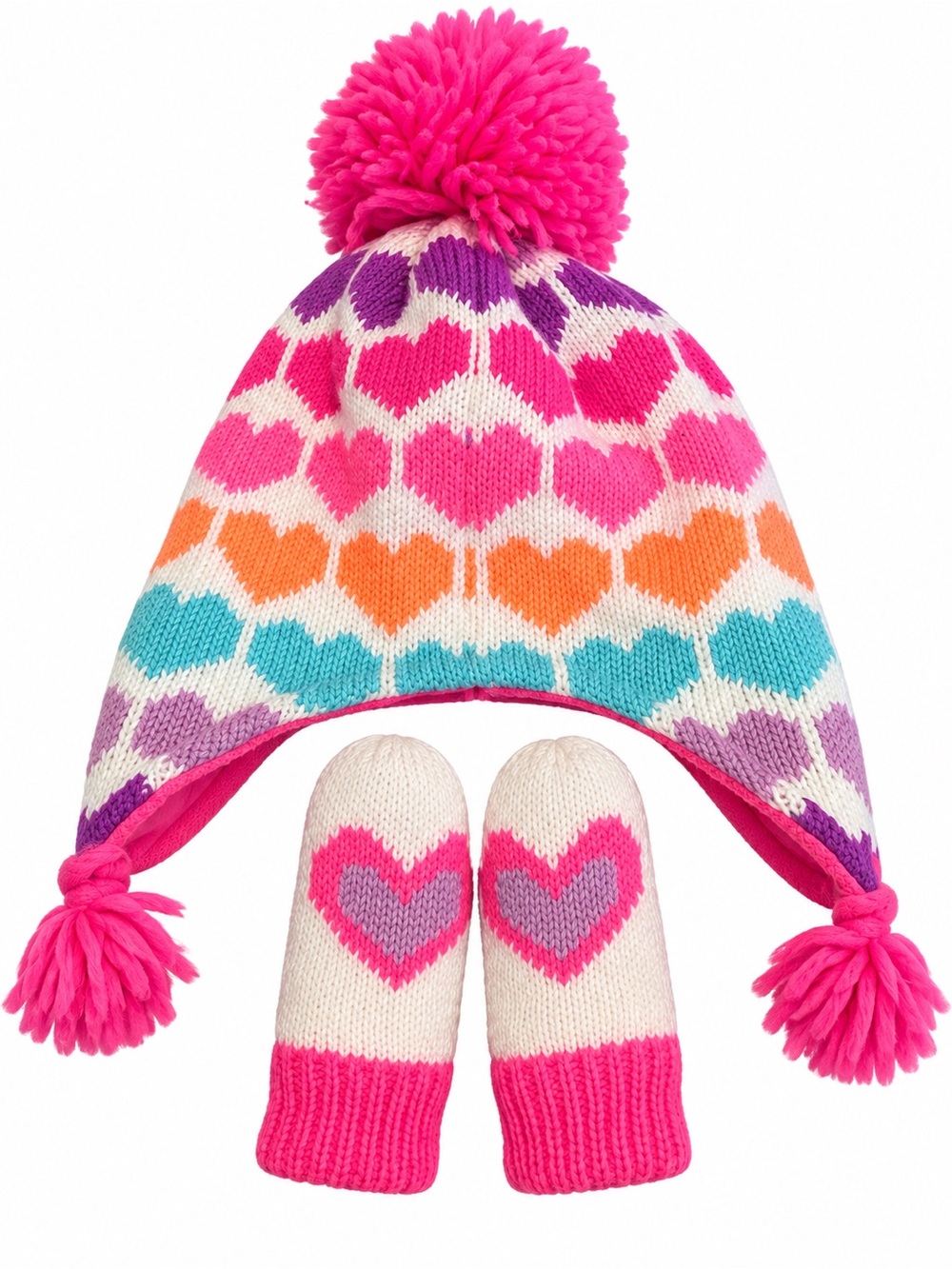 The Children's Place Pink Multi Heart Knit Pom Hat and Mittens Set